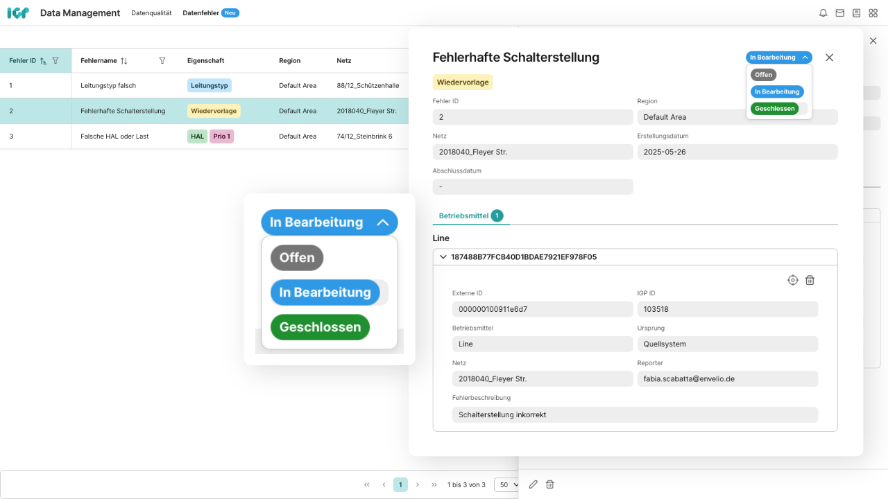 Übersicht aller gemeldeten Datenfehler inklusive Detailansicht jedes Fehlers
