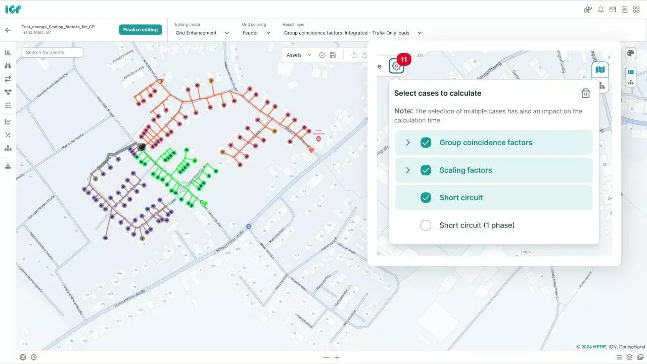 Evaluate changes in grid structures across voltage levels using automated power flow calculations.